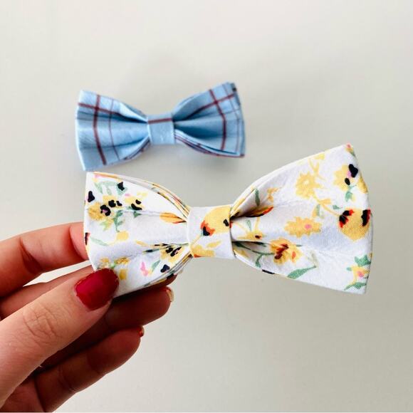 NEW HANDMADE Blue Brown Plaid Yellow Floral Dog Cat Pet Collar Elastic Bow Tie - Picture 1 of 5